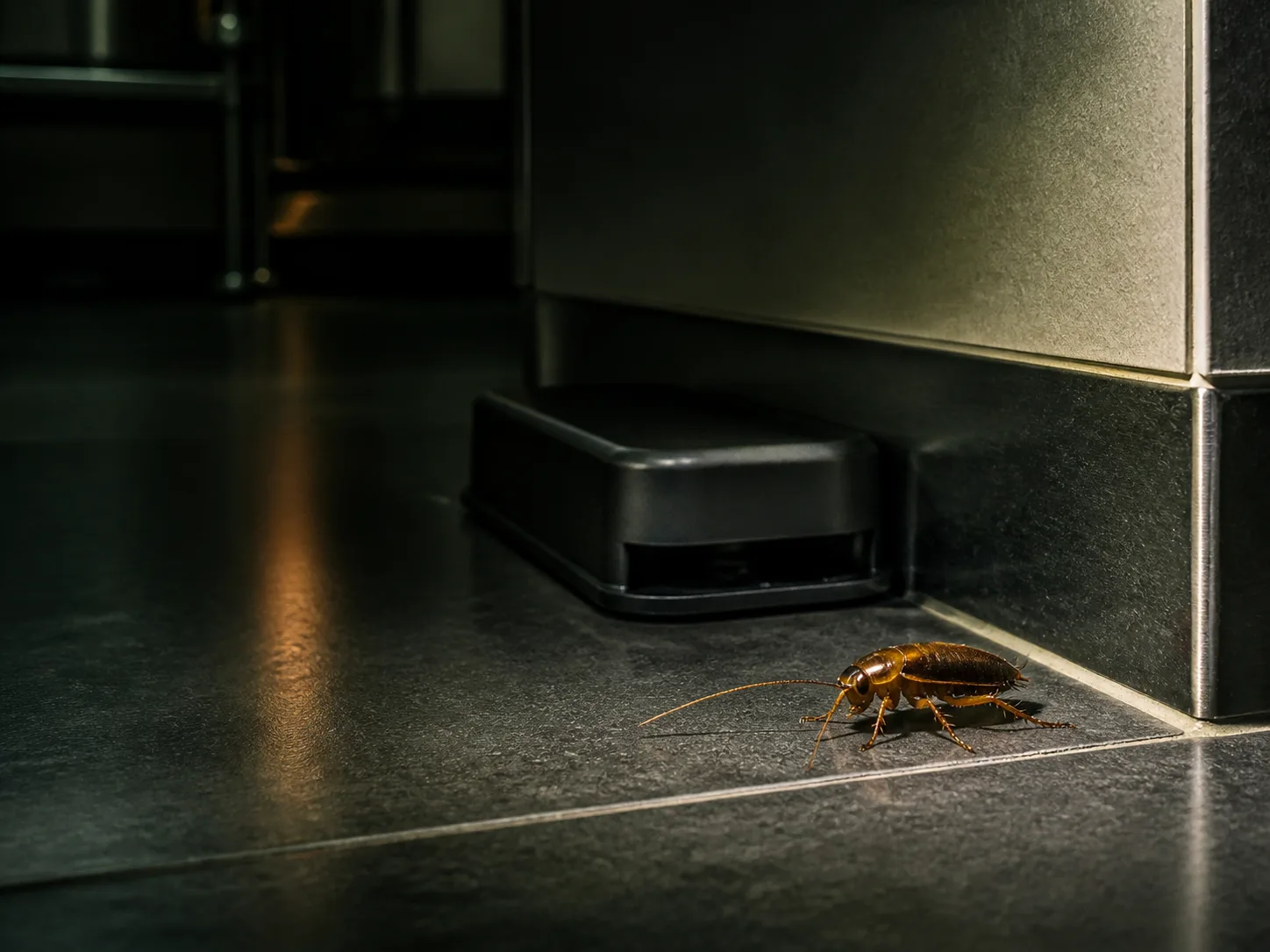 Barata próxima a armadilha de monitoramento em cozinha comercial