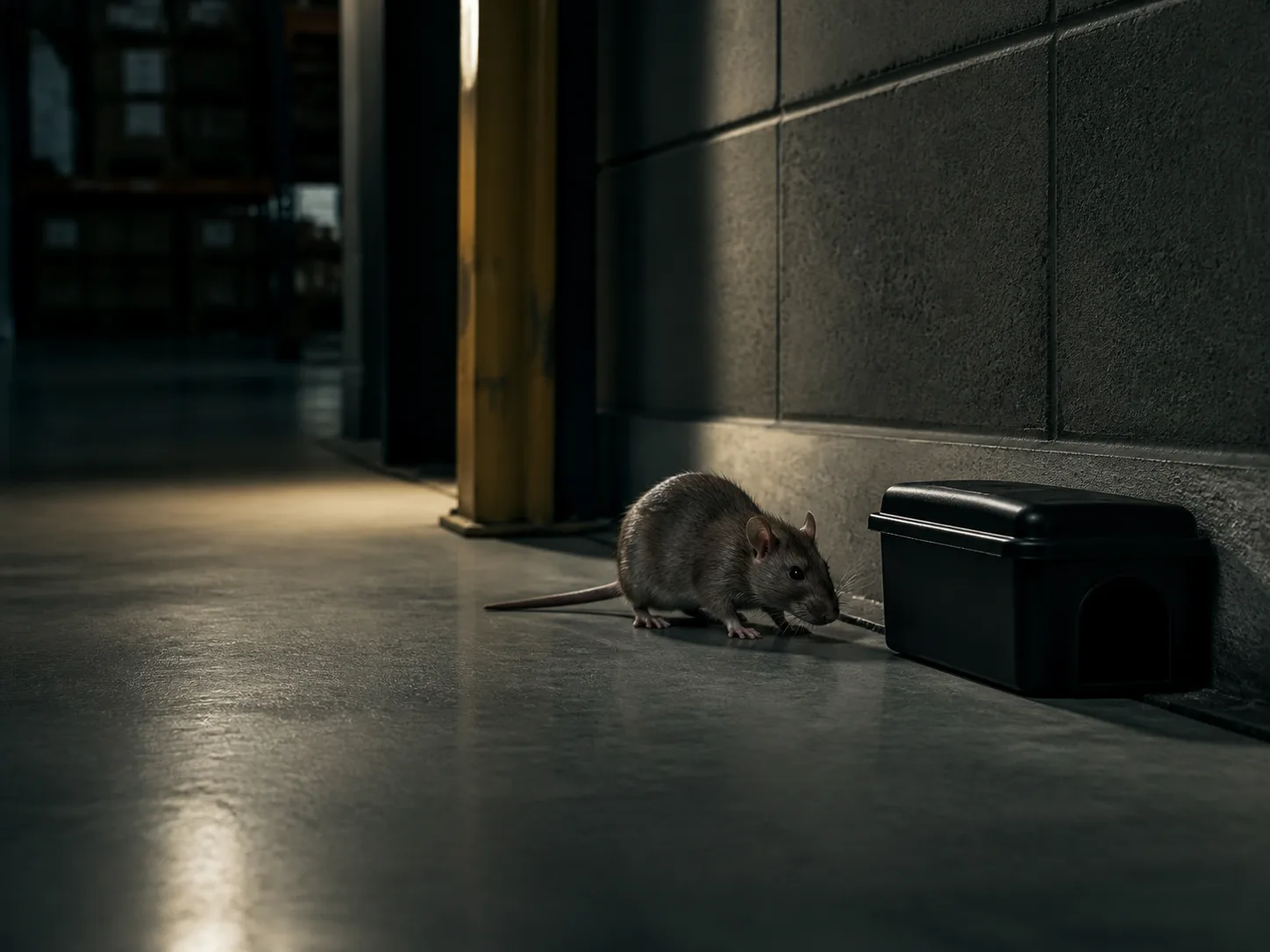 Rato próximo a um porta-iscas em ambiente profissional